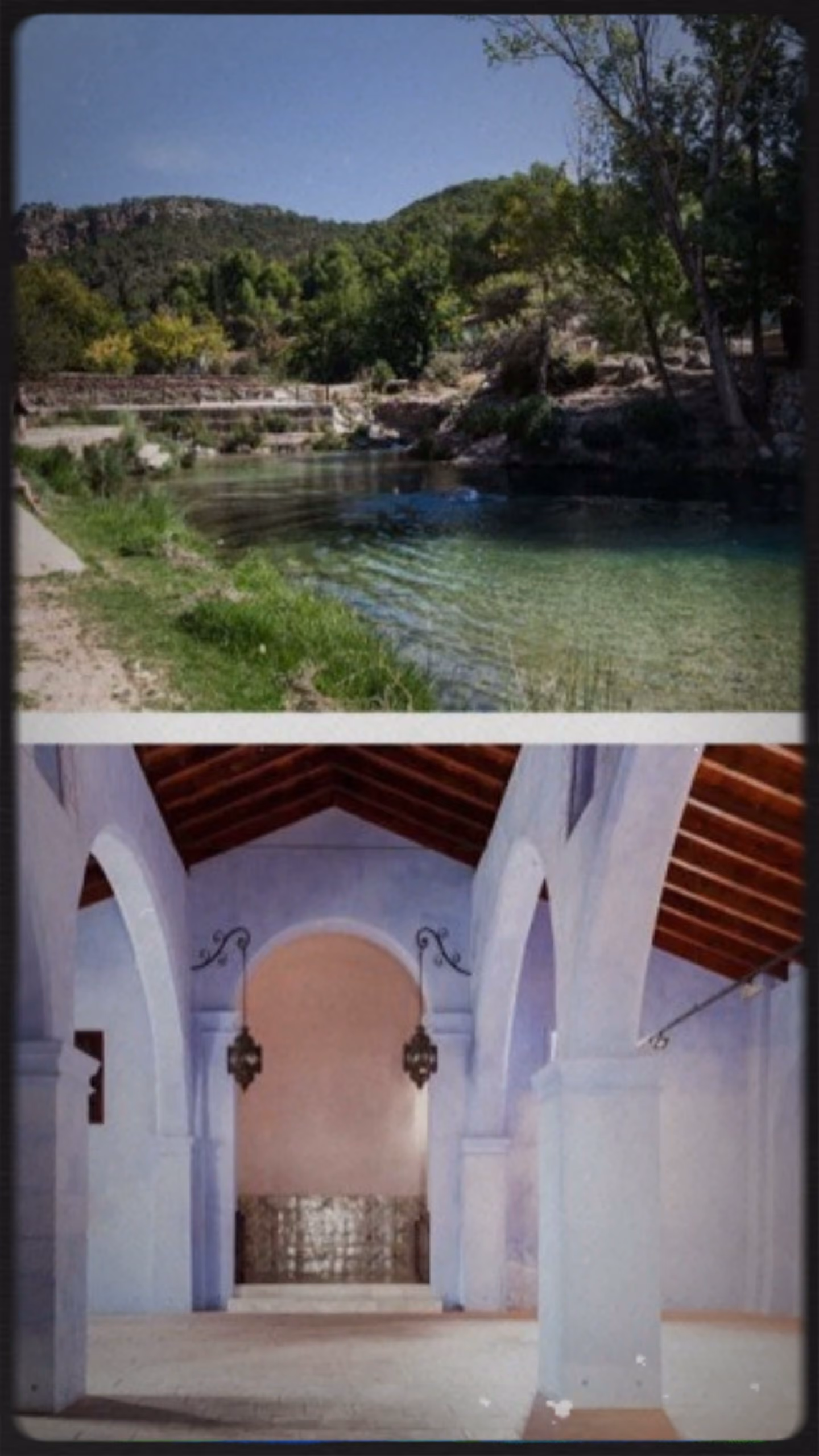 Una poza de agua clara entre paredes de roca, sobre el interior abovedado de un edificio de piedra.
